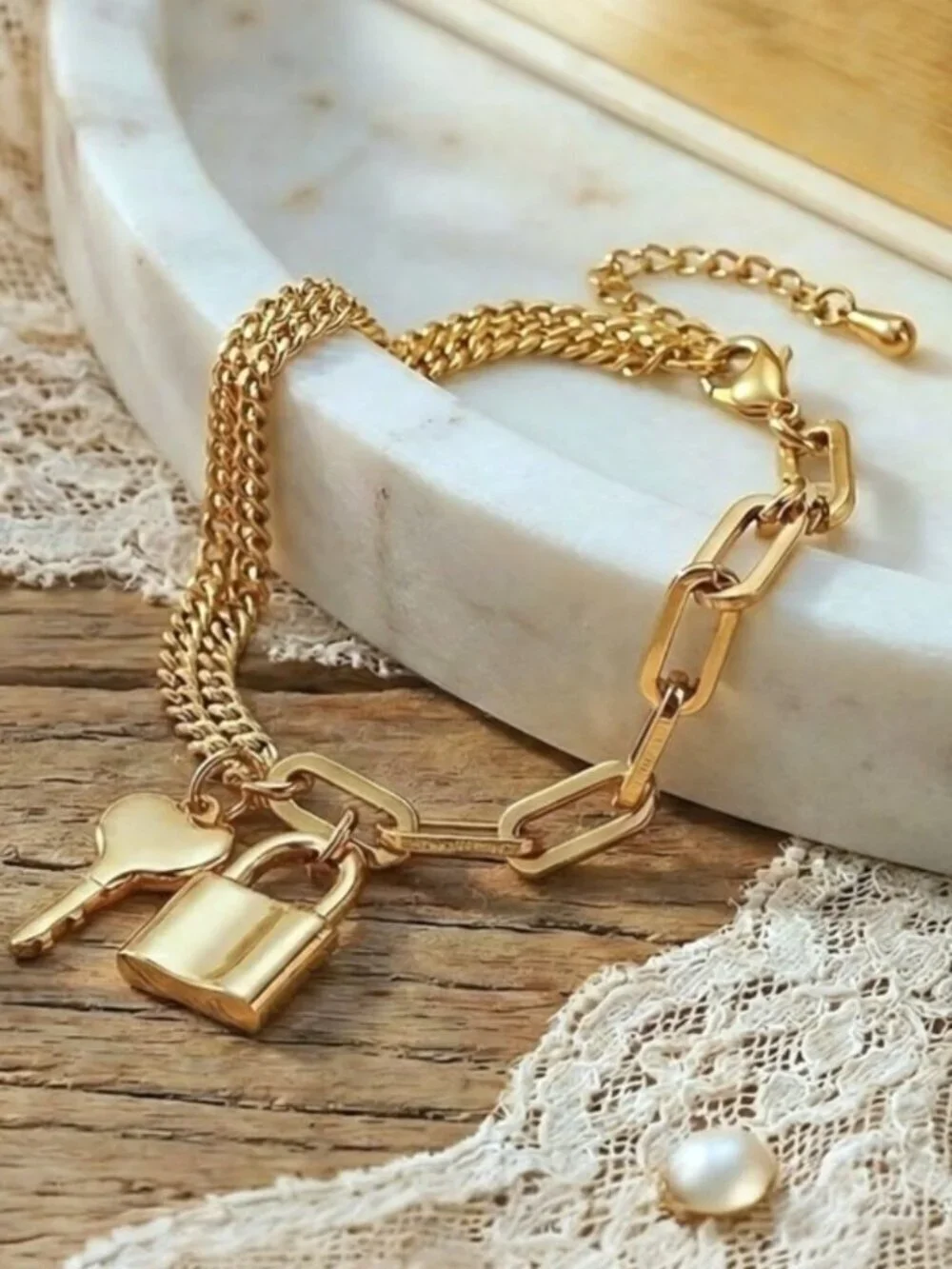 Coquette Y2K 18K Gold Padlock Heart Key Charm Layered Chain Bracelet Gift